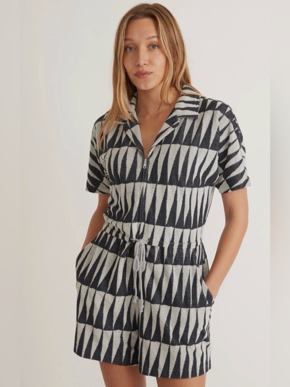 Marine Layer Terry Out Romper Black White Geo Print L Rare $119